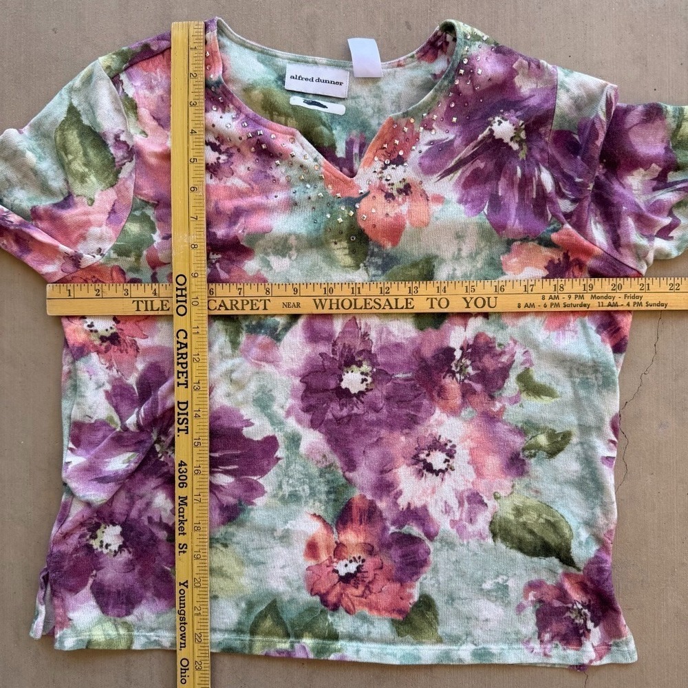 Alfred Dunner Top Womens Medium Floral Rhinestone 3/4 Sleeve V Neck Shirt - Picture 4 of 5